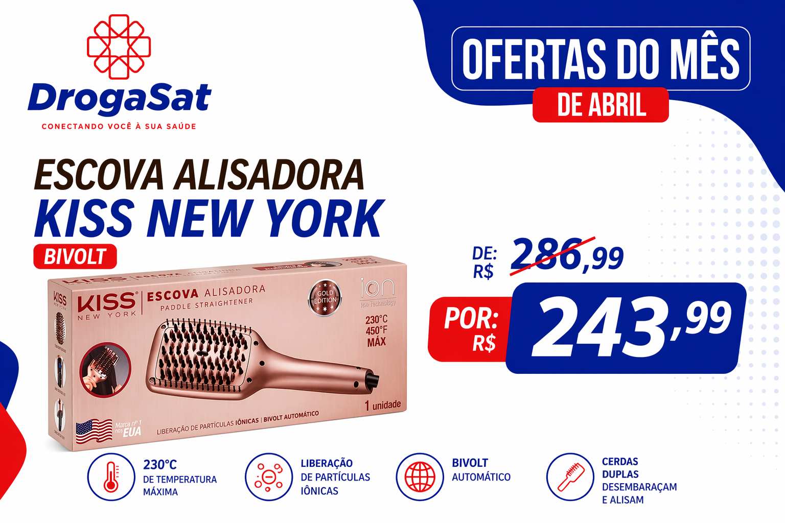 Oferta da Escova Alisadora Kiss New York Bivolt